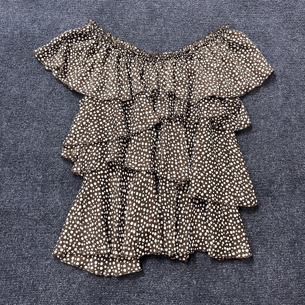 Willi Smith Blouse Womens Medium Brown Polka Dot Off Shoulder Ruffle Chiffon Top